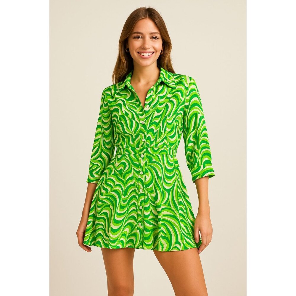 Zara Retro Swirl Shirt Dress Green White Mod‎ Print Mini Summer Dress Sz SMALL